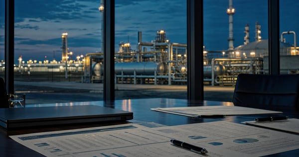 Conference table with evaluation worksheets and a laptop overlooking a midstream oil and gas facility at dusk, used as the feature image for how to evaluate emissions management software