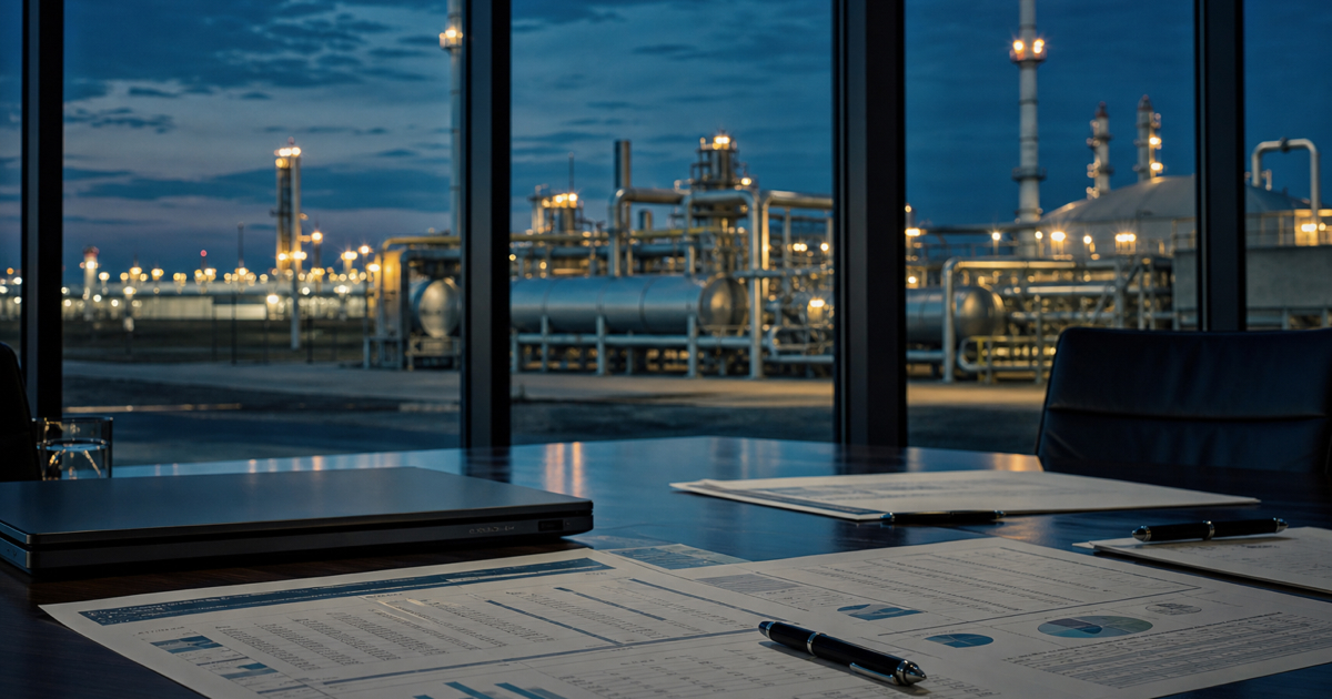 Conference table with evaluation worksheets and a laptop overlooking a midstream oil and gas facility at dusk, used as the feature image for how to evaluate emissions management software