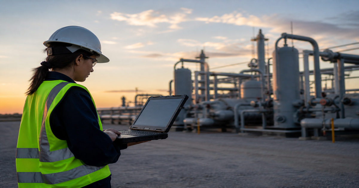 Environmental specialist reviewing facility emissions data on a laptop beside an oil and gas processing plant at dusk, used as the feature image for automating greenhouse gas reporting with emissions management software