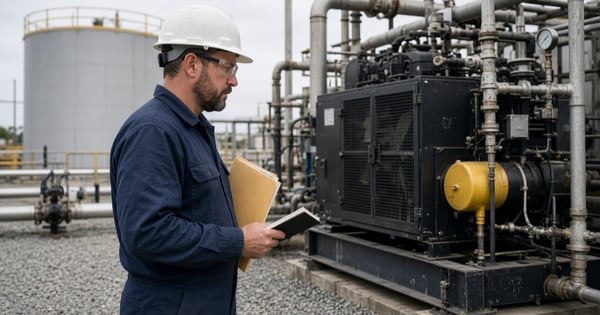 A field technician at a well pad holding a closed notebook apart from a separate folder, with a compressor skid behind, used as the feature image for emissions assurance and verification in oil and gas.
