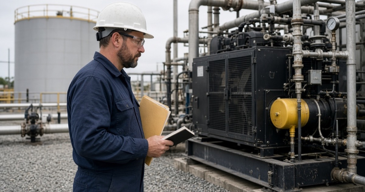 A field technician at a well pad holding a closed notebook apart from a separate folder, with a compressor skid behind, used as the feature image for emissions assurance and verification in oil and gas.