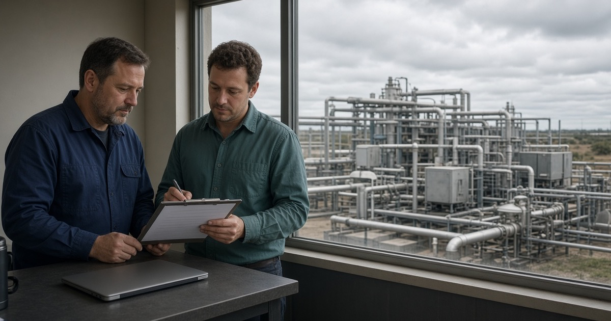 Two planners in a site office reviewing a clipboard beside a closed laptop, with a compressor station visible through the window, used as the feature image for emissions forecasting in oil and gas