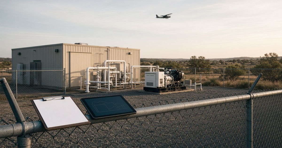 A clipboard and a tablet rest on the fence of a compressor station while a survey aircraft passes overhead, used as the feature image for emissions reconciliation in oil and gas.