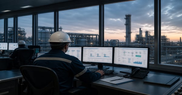 Industrial operator in a hard hat reviewing multi-monitor dashboards in a control room overlooking a processing facility at dusk, used as the feature image for the emissions reporting software guide