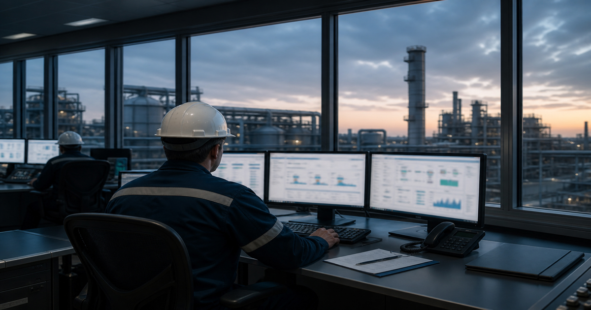Industrial operator in a hard hat reviewing multi-monitor dashboards in a control room overlooking a processing facility at dusk, used as the feature image for the emissions reporting software guide