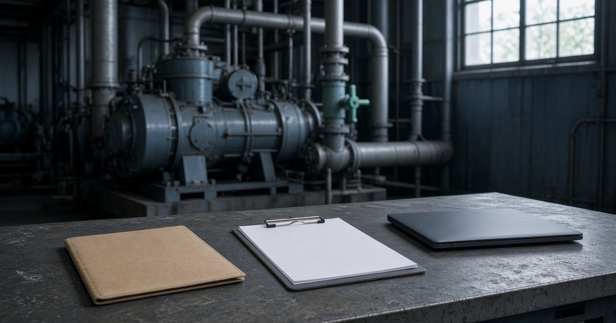 A closed work-order folder, a blank clipboard, and a closed laptop on a steel bench in a daylight compressor building, with a compressor and a seafoam valve behind them, used as the feature image for how environmental software fits the systems you already run