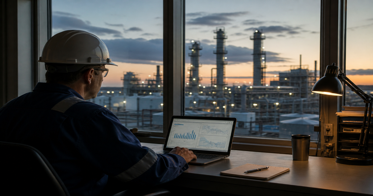 Environmental specialist reviewing facility emissions data on a laptop beside an oil and gas processing plant at dusk, used as the feature image for the EPA GHGRP reporting guide for oil and gas operators