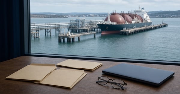 Separate unlabeled folders, a closed laptop, and glasses on a desk overlooking an LNG carrier at a gas terminal, used as the feature image for the EU Methane Regulation article.
