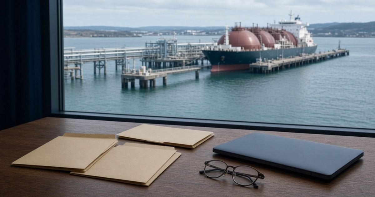 Separate unlabeled folders, a closed laptop, and glasses on a desk overlooking an LNG carrier at a gas terminal, used as the feature image for the EU Methane Regulation article.