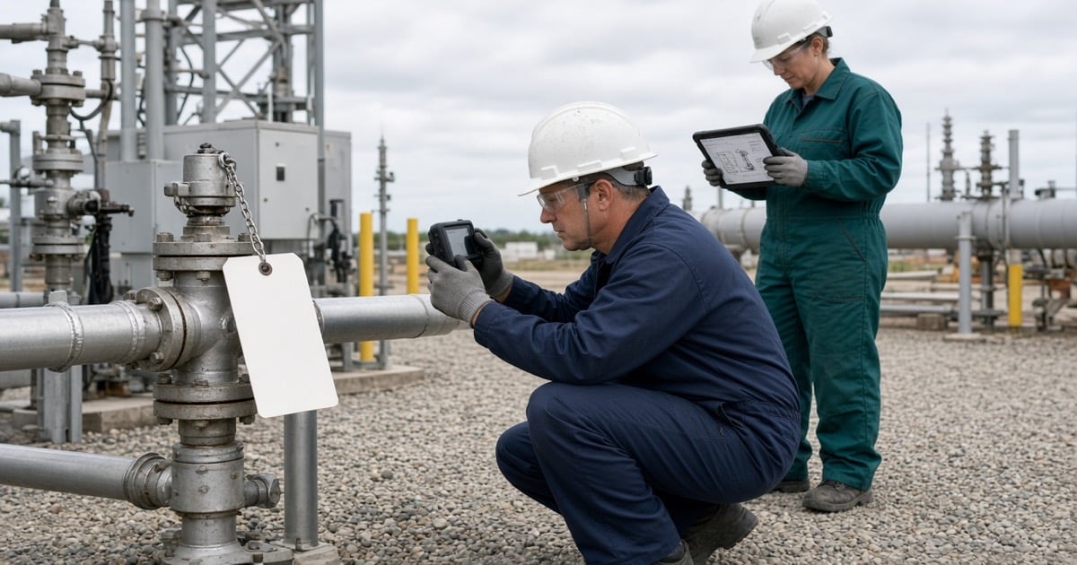 An LDAR technician inspecting a tagged valve on well-pad piping with a handheld instrument while an environmental specialist reviews the same finding on a tablet, used as the feature image for fugitive emissions in oil and gas