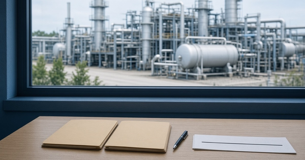 A gas plant office in daylight, with two unlabeled folders, a pen, and a blank sheet on the desk and process equipment visible through the window, used as the feature image for running an in-house compliance reporting program
