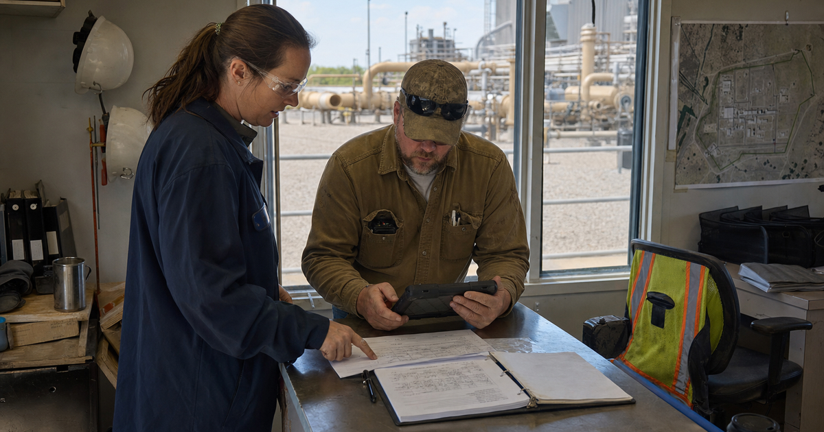 An environmental specialist and operations supervisor reviewing a field inspection packet and tablet in a compressor-station site office, used as the feature image for industrial compliance workflow bottlenecks