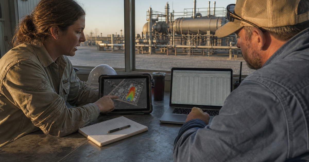 An environmental specialist and operations supervisor comparing a methane plume map on a tablet with an emissions inventory on a laptop in a compressor-station site office, used as the feature image for methane measurement to inventory workflow