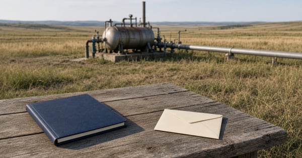 A closed navy folder and a blank sealed envelope on a wooden table in front of a natural gas separator and pipeline on a grassland well pad, used as the feature image for MiQ methane certification.