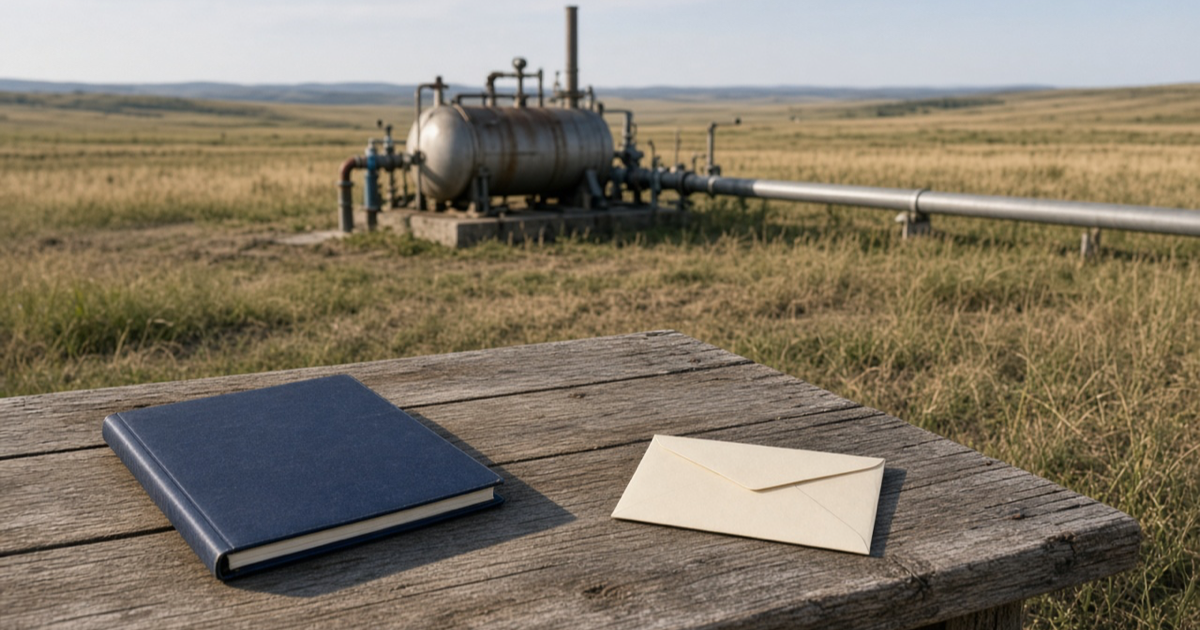 A closed navy folder and a blank sealed envelope on a wooden table in front of a natural gas separator and pipeline on a grassland well pad, used as the feature image for MiQ methane certification.