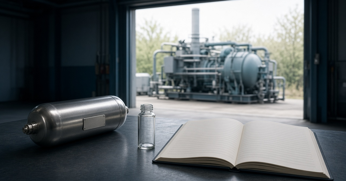 A blank gas sample cylinder, an empty vial, and an open unmarked logbook on a table inside a compressor building, with the compressor skid visible through the bay door, used as the feature image for missing data in air and GHG reporting.