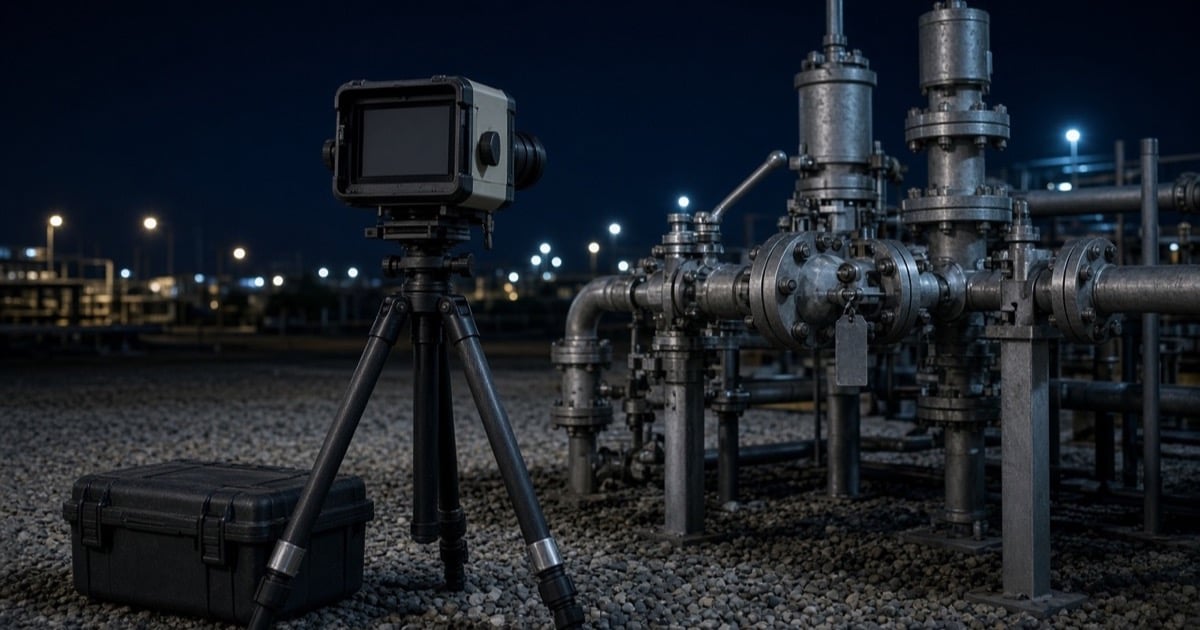 An optical gas imaging camera on a tripod beside a valve manifold at night, with a closed equipment case and a blank tag on one valve, used as the feature image for NSPS OOOOb fugitive emissions monitoring.