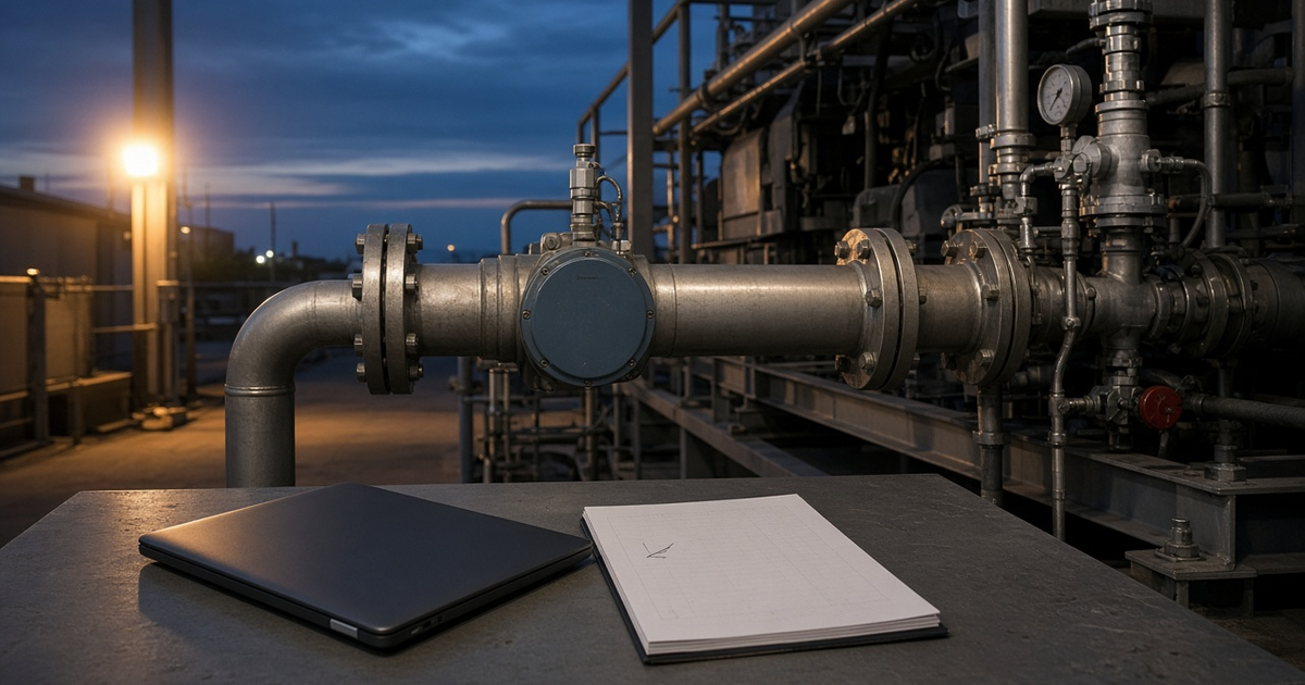 A fuel-gas meter run at a compressor station at dusk, with a closed laptop and a blank logbook on a field table, used as the feature image for SCADA data for emissions reporting in oil and gas