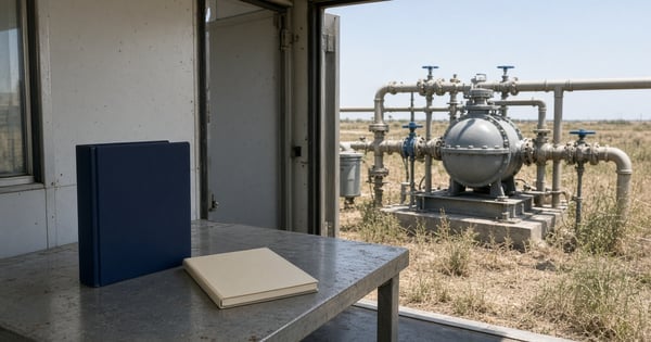 A closed navy binder and a blank notebook on a steel table inside a site trailer, with a fuel-gas meter skid in daylight outside, used as the feature image for Title V permit data and the emissions inventory.