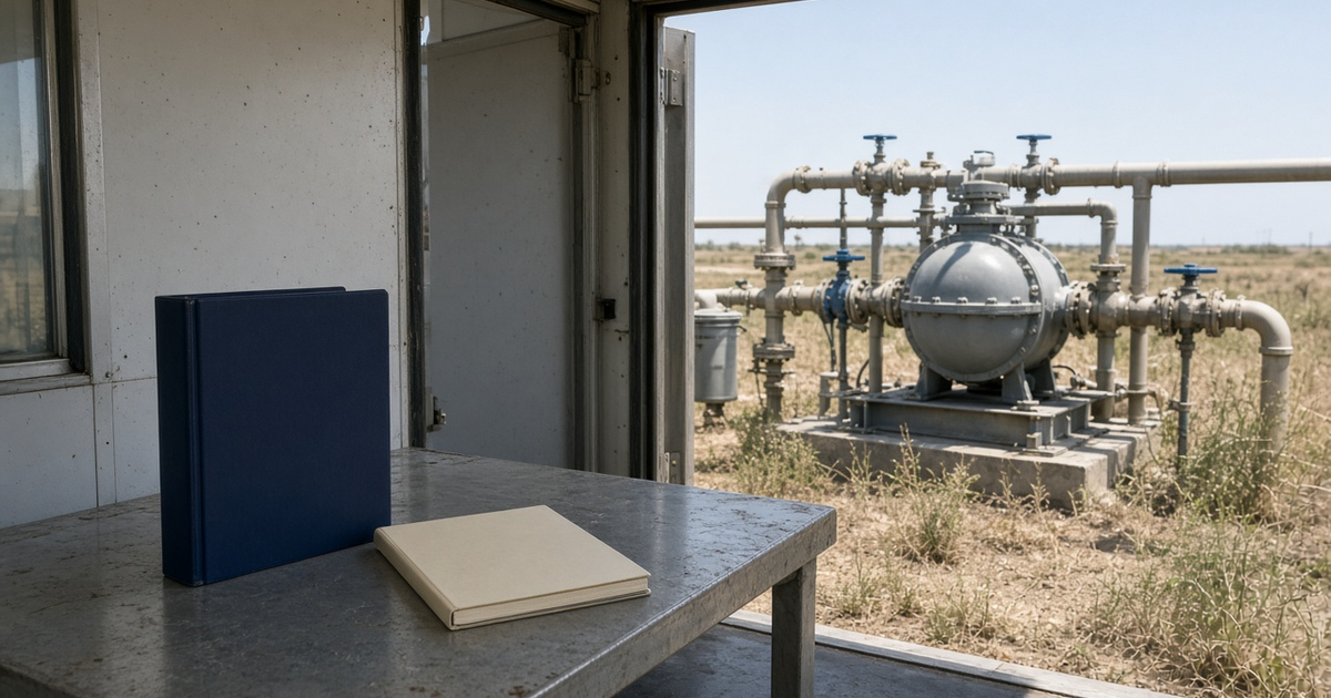 A closed navy binder and a blank notebook on a steel table inside a site trailer, with a fuel-gas meter skid in daylight outside, used as the feature image for Title V permit data and the emissions inventory.