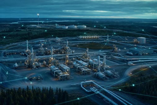 Aerial view of a natural gas processing facility with connected data points representing environmental compliance workflows.