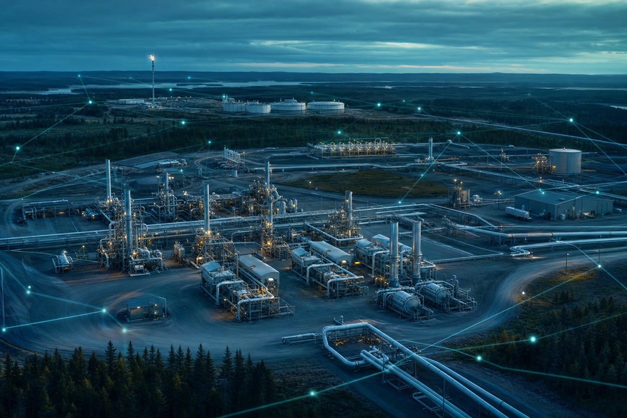 Aerial view of a natural gas processing facility with connected data points representing environmental compliance workflows.
