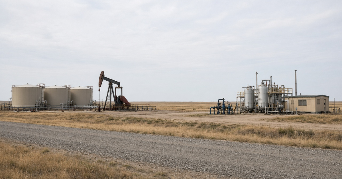An oil battery with tanks and a pumpjack beside a natural gas plant, seen from a lease road in daylight, used as the feature image for how methane intensity is calculated and compared.