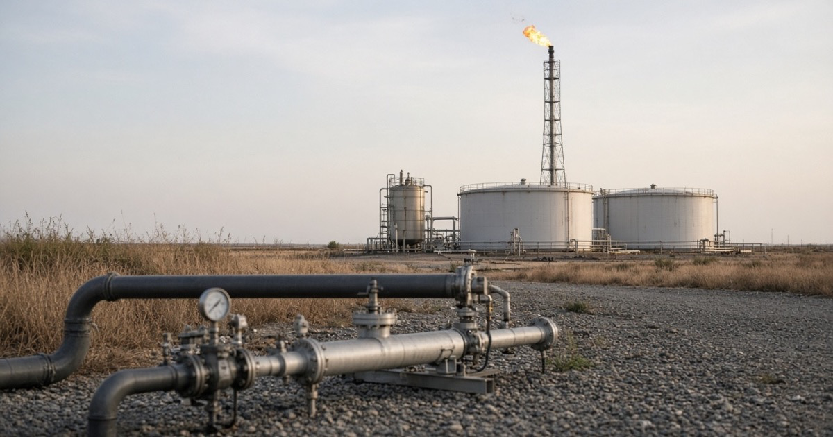 A production-pad flare burns above two storage tanks, with the flare header and meter run in the foreground, used as the feature image for venting and flaring in oil and gas