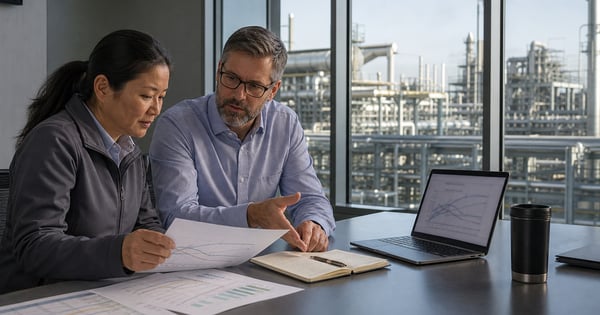 Environmental and operations planners reviewing production forecast sheets and trajectory charts in a facility office overlooking a midstream processing plant, used as the feature image for what inputs improve oil and gas emissions forecasting